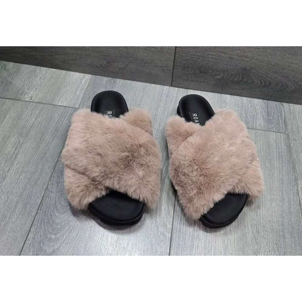 ROAM preppy Y2K Cloud Slippers Faux Fur flat Beige Sz 6 S000084 - Picture 2 of 9